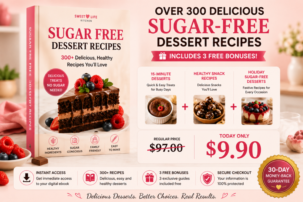 300 Sugar-Free Dessert Recipes ebook with 3 bonus guides and 30-day money-back guarantee